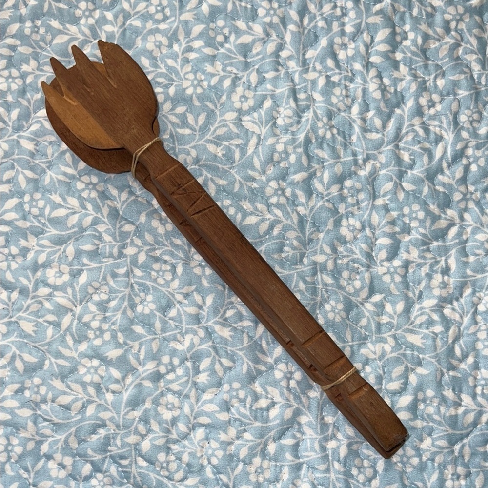 Vintage Brown Wooden Salad Server Set Spoon and Fork